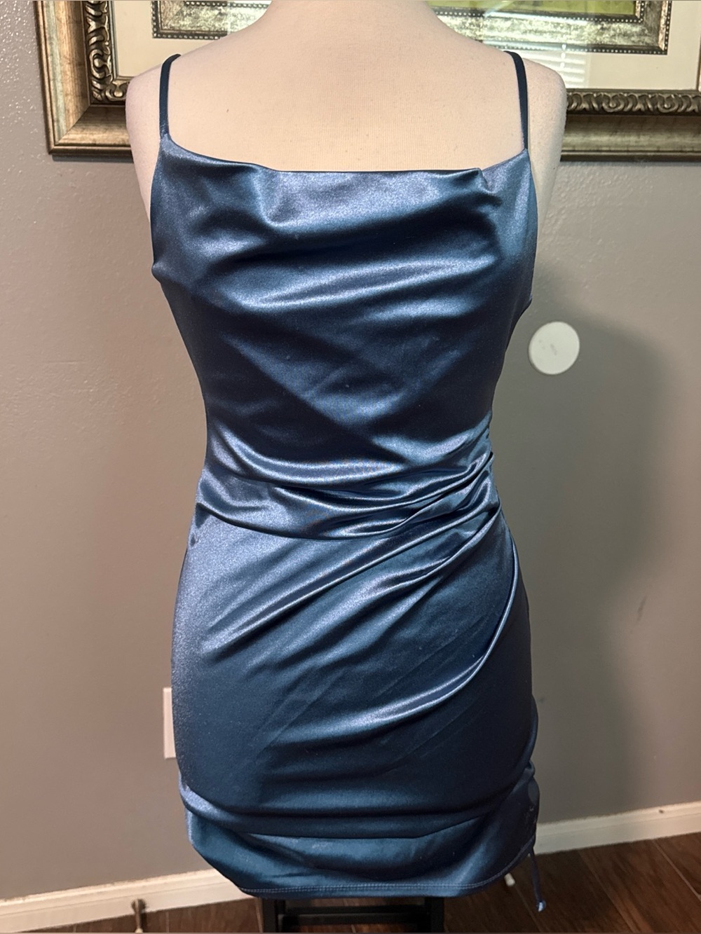 Emerald Sundae Satin Cowl Neck Mini Dress in Deep Blue